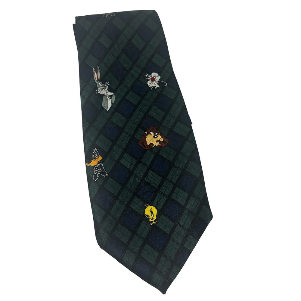 Vintage 90s Looney Tunes Bugs Bunny Taz, Tweedie Blue Green Plaid Neck Tie